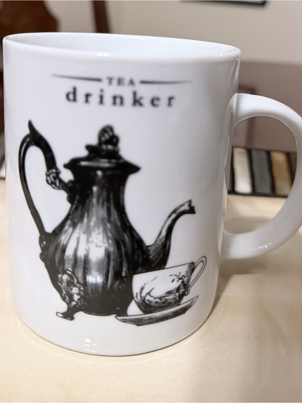 Victoriana Collection Tea Drinker White Ceramic Mug with Black Teapot